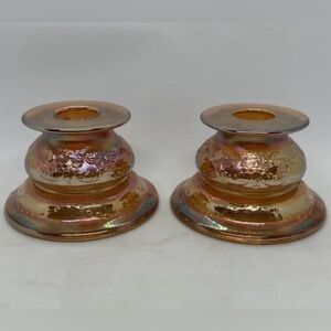 Pair Carnival Glass Federal Candle Holders Madrid Marigold